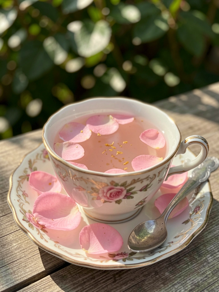 Xícara de porcelana ornamentada com chá rosa pálido e pétalas, colher de prata ao lado, luz natural suave e fundo verde desfocado.