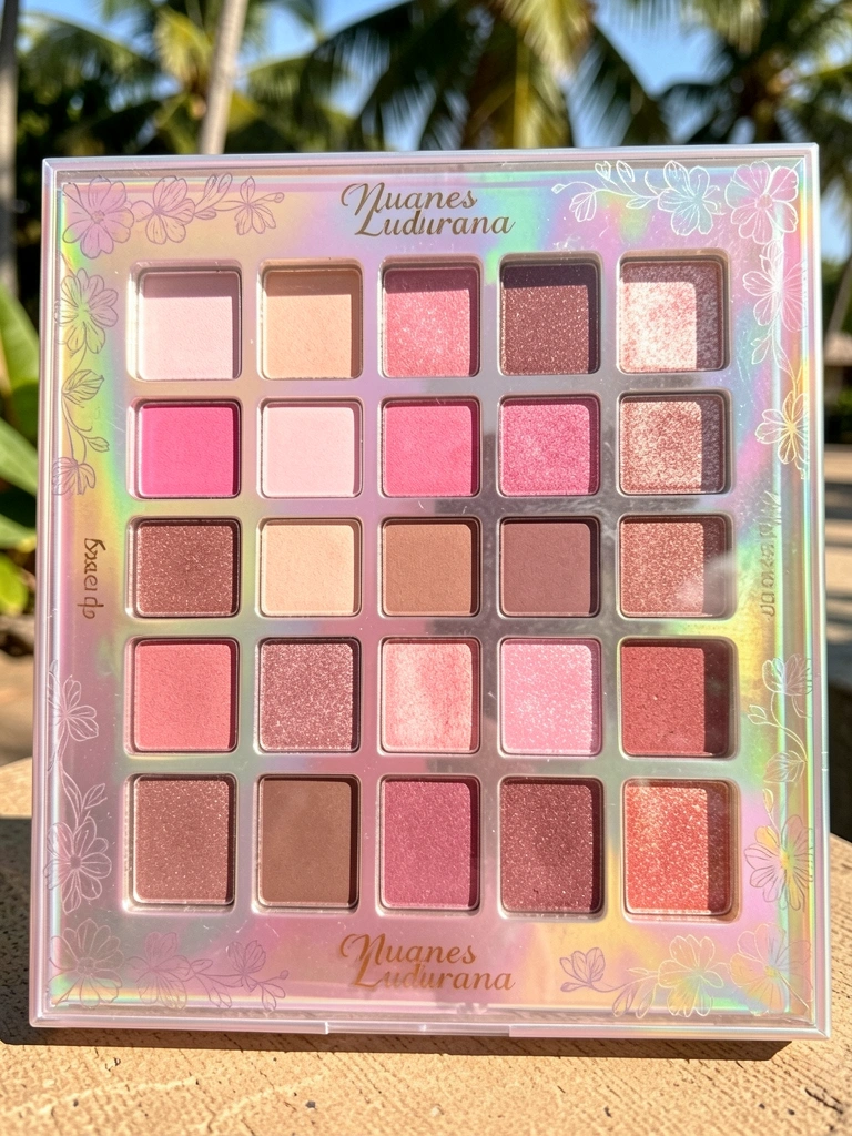 Paleta de sombras Nuanes Ludurana com 16 pans rosados em caixa iridescente com estampa floral, luz natural tropical.
