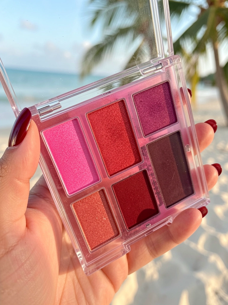 Paleta de sombras Ruby Rose Pink Cherry com tons rosa e vinho, segurada por mão com esmalte vermelho brilhante, luz natural suave.