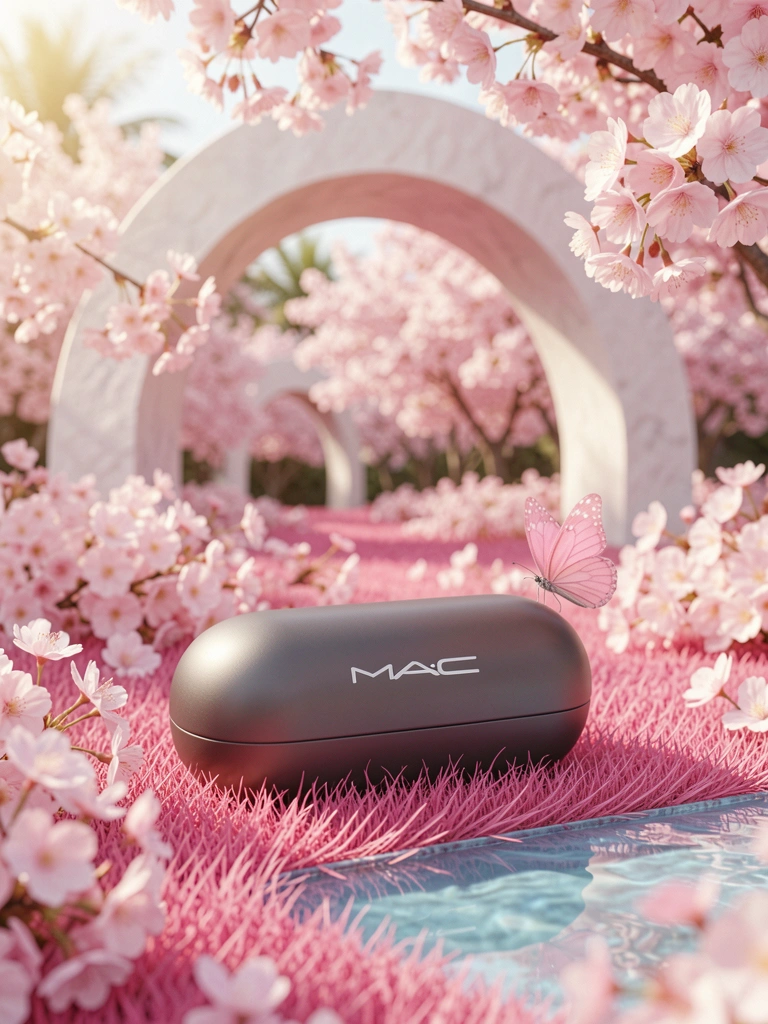 Caixa oval da MAC sobre grama rosa vibrante com cerejeiras em flor e um arco de pedra branca ao fundo, luz natural difusa.