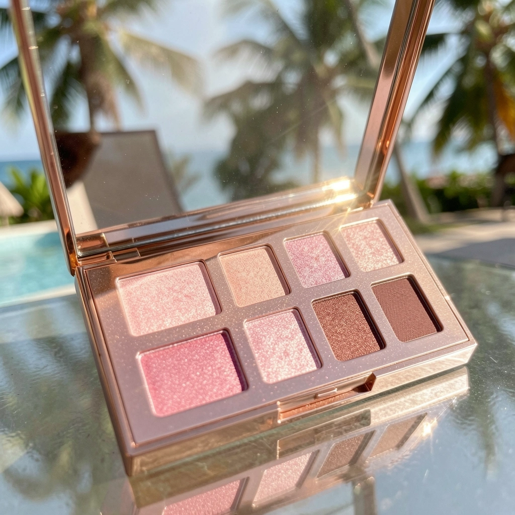 Close-up de paleta de sombras Charlotte Tilbury com nove tons rosados, acabamento rosé dourado e textura cintilante, sobre superfície reflexiva com luz natural.