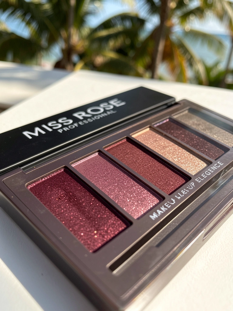 Paleta de maquiagem Miss Rose com cinco sombras em tons de vinho e marrom rosado, textura aveludada e reflexos, luz natural, fundo desfocado.