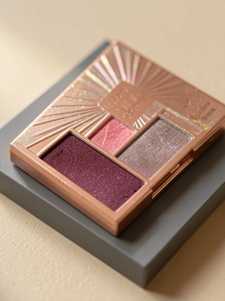 Paleta de sombras Eudora Nina Secrets rosa champanhe com padrão starburst, quatro tons de vinho a ameixa, sobre base cinza escura, luz suave e fundo bege desfocado.