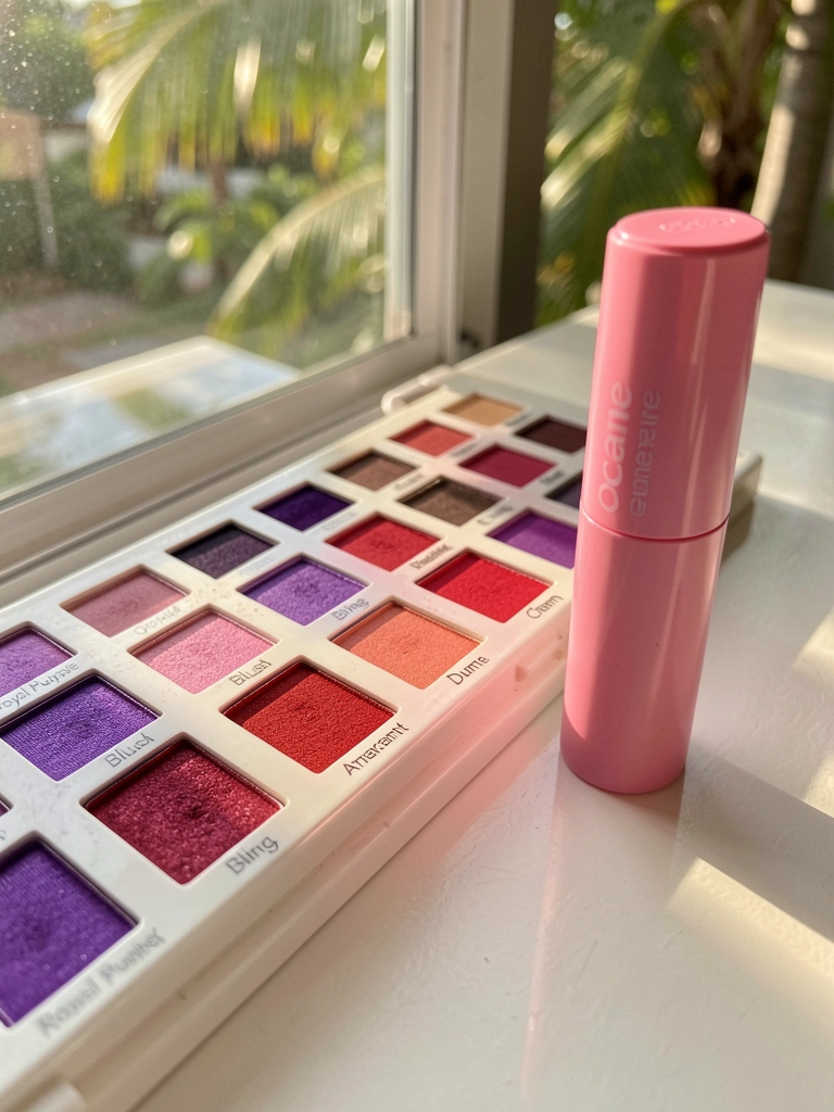 Paleta de sombras branca com tons de roxo e vermelho, batom rosa Oceane ao lado, luz natural filtrada por janela.