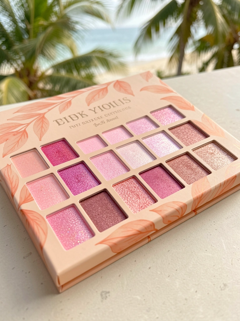 Close-up de paleta de sombras com doze cores em tons de rosa e pêssego, com brilho iridescente e caixa decorada com folhas de pêssego, luz natural difusa.