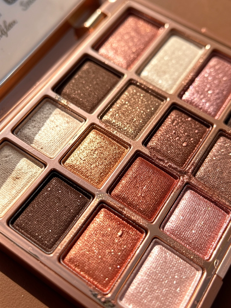 Paleta de sombras com tons de marrom, bege e cobre em quadrados, acabamento cintilante rosa-dourado, luz natural e maquiagem esfumada ao fundo.
