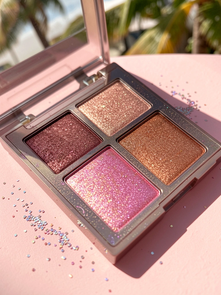 Paleta de sombras quadrada com seis cores cintilantes: rosa dourado, bronze, cobre e rosa iridescente, sobre superfície rosa clara com glitter ao redor.