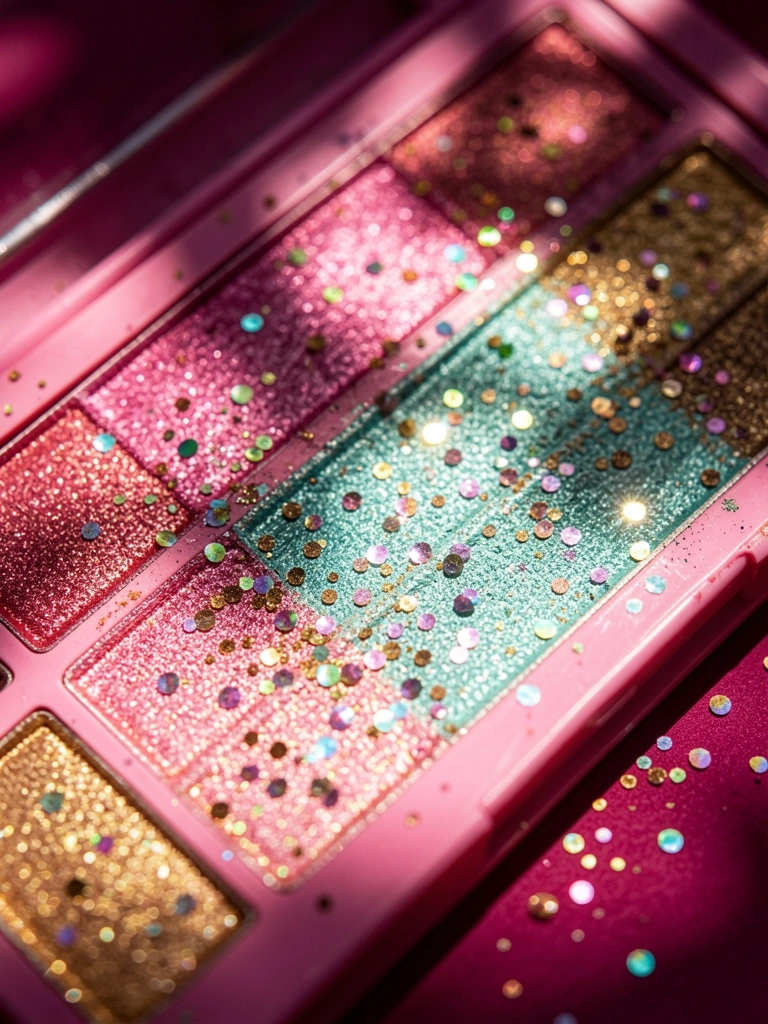 Paleta de sombras rosa e dourada com glitter iridescente sobre fundo magenta, luz tropical suave destacando a textura dos pigmentos.