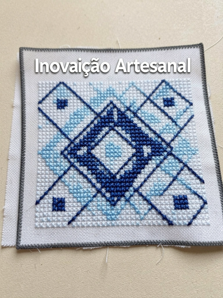 Detalhe de ponto reto contado sobre tecido de algodão cru, com fios coloridos formando padrão geométrico.