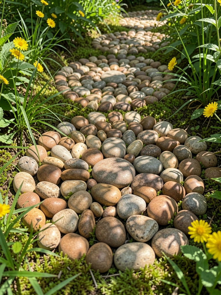 Círculos concêntricos de pedras lisas marrons, beges e cinzas formam caminhos em canteiro verde com flores amarelas e luz filtrada por folhas.