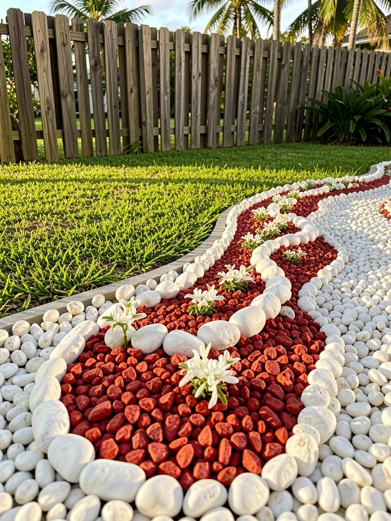 Canteiro com borda orgânica de cascalho vermelho, seixos brancos e pedras decorativas, grama verde e cerca de madeira ao fundo, luz natural.