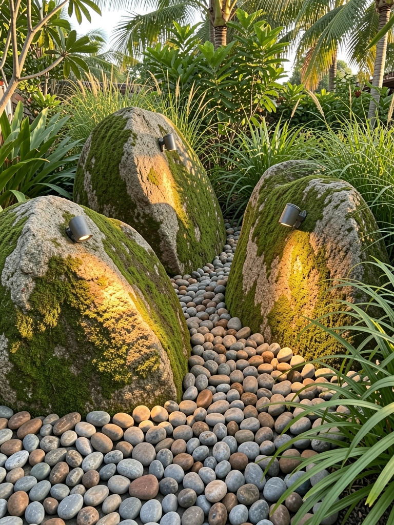 Moss-covered granite boulders lit by warm spotlights, surrounded by gray and brown pebbles, lush green foliage, and tall grasses.