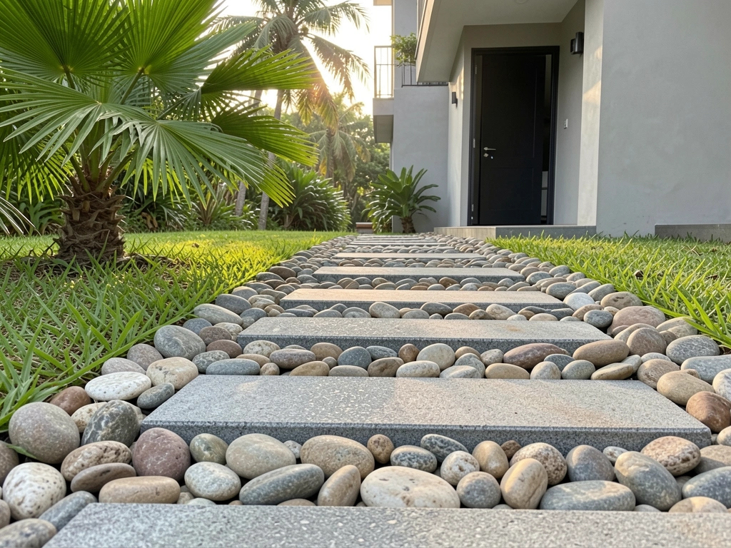 Caminho de pedras arredondadas e blocos de concreto cinza entre grama verde e folhagem de palmeira, com fachada moderna e porta escura ao fundo, sob luz natural tropical.