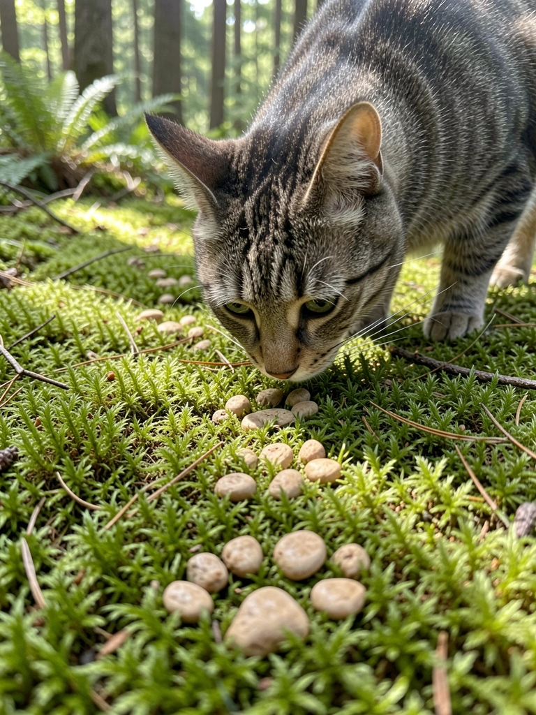 Gato malhado farejando pegadas de pedrinhas claras em musgo verde vibrante com luz difusa suave entre árvores.