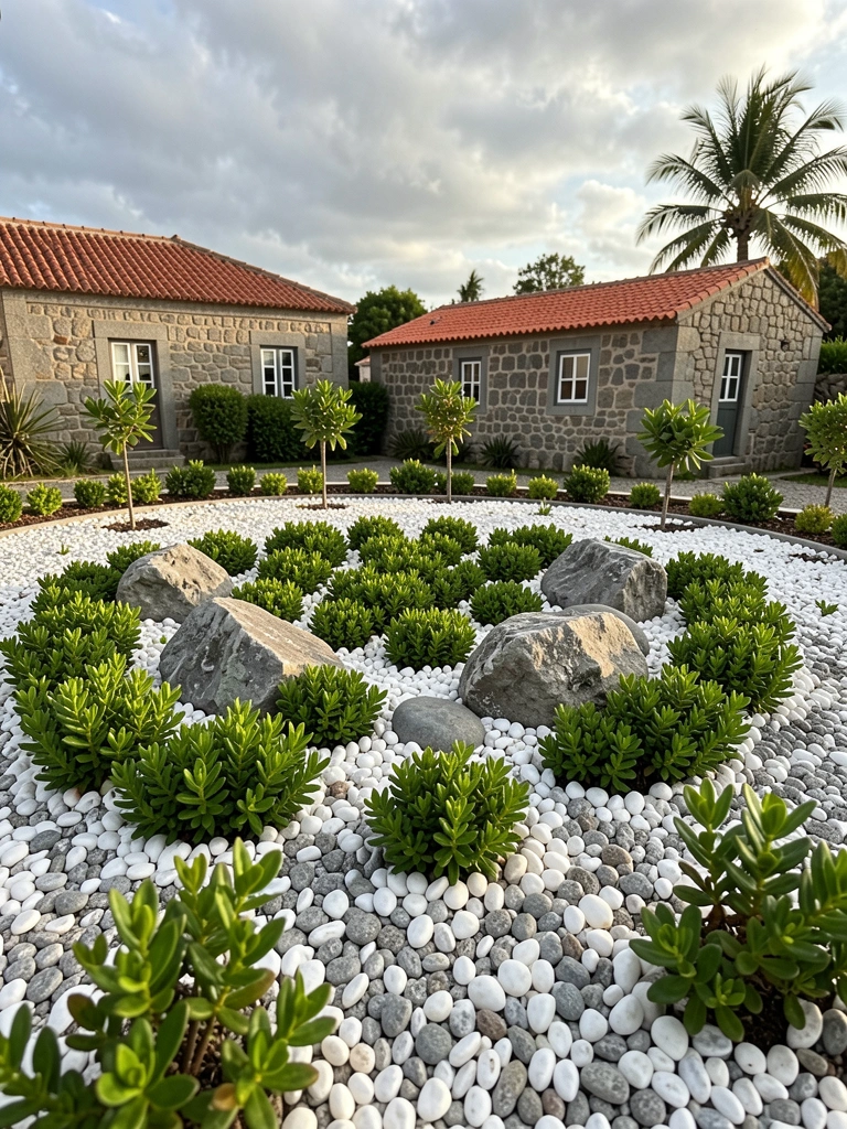 Círculo de pedras brancas e cinzas com suculentas verdes, ao lado de casa portuguesa de telhado vermelho e palmeira ao fundo, céu nublado.