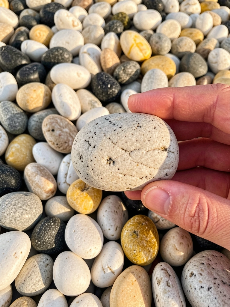 Mão segurando um seixo liso de tamanho médio sobre uma densa camada de pedras arredondadas em branco, bege, cinza e amarelo, com luz natural e fundo desfocado.