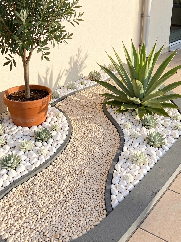 Canteiro com cascalho bege claro, borda de concreto cinza escuro, suculentas brancas e agave verde, vaso de terracota à esquerda, luz natural.