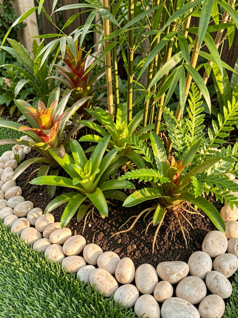 Canteiro de plantas com bromélias, bambu e folhagens verdes, borda de pedrinhas claras e grama sintética, luz natural.