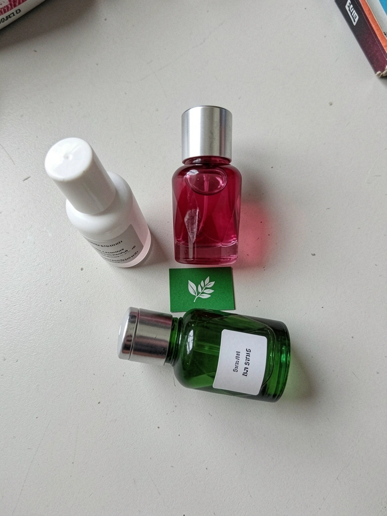 Frasco de vidro âmbar com tampa dourada sobre superfície de mármore branco, ao lado de flores secas e um conta-gotas.
