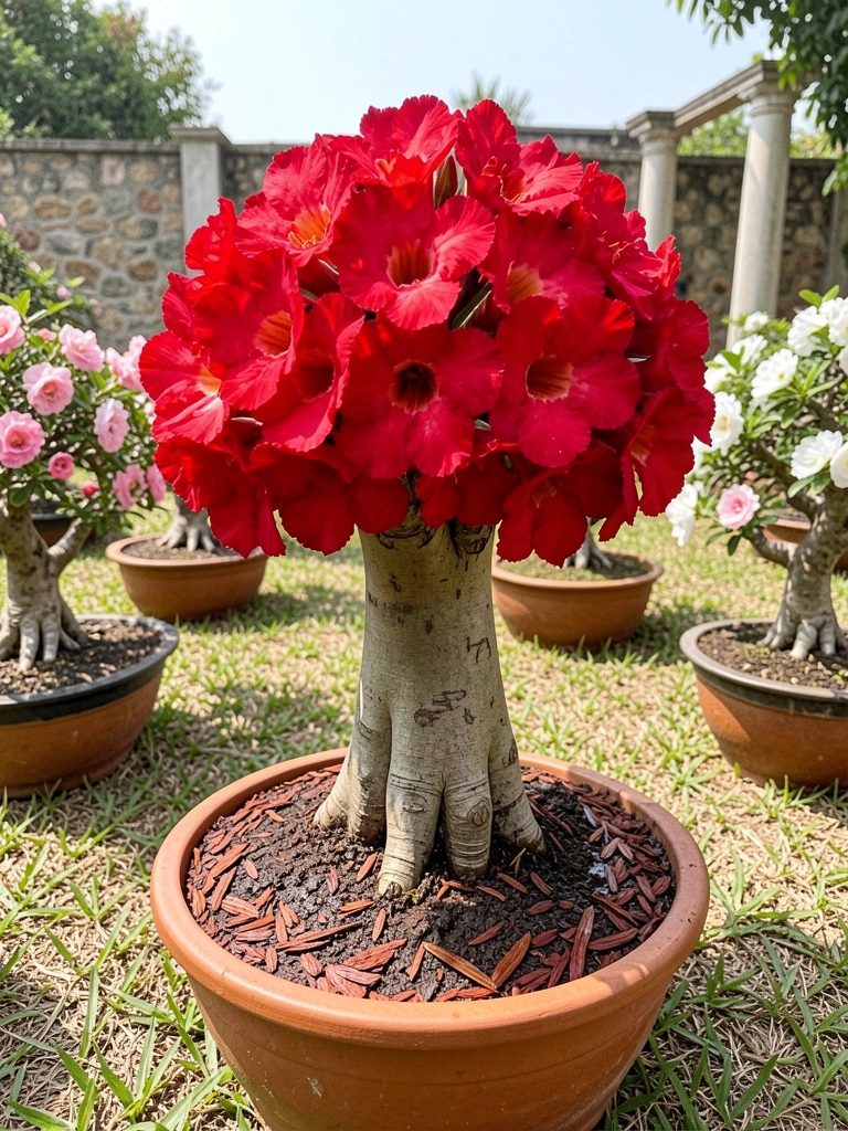 Vaso com roseira do deserto em solo seco, com flores rosadas e folhas verdes, sob luz natural
