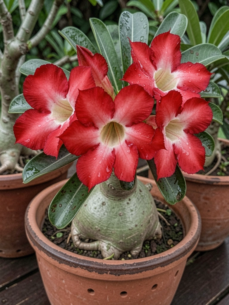 Vaso de barro com furos e raiz exposta de Adenium