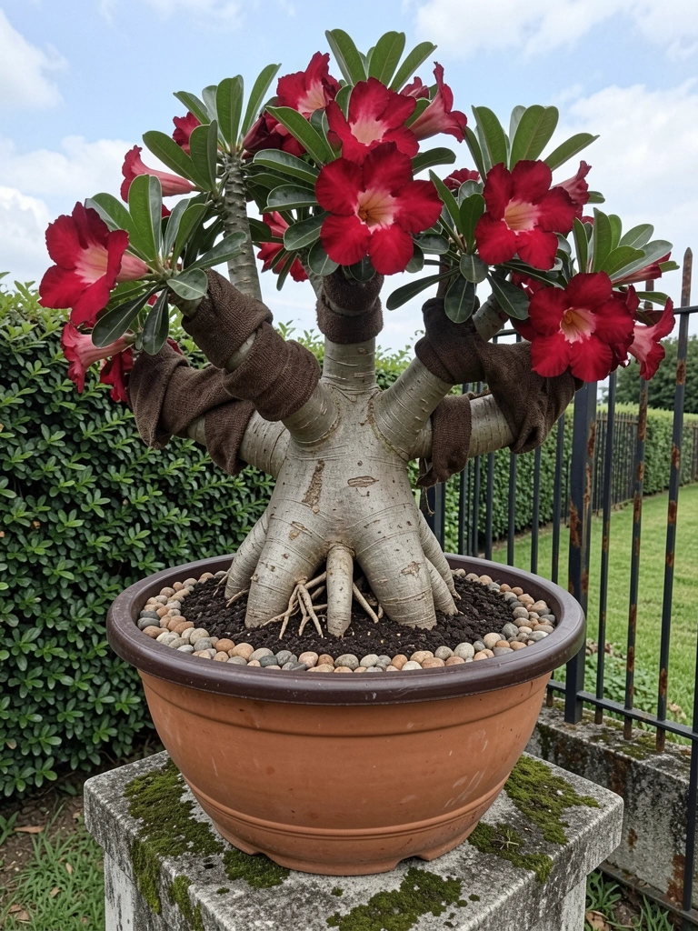 Vaso com camadas de pedras e substrato, com planta flor do deserto ao centro