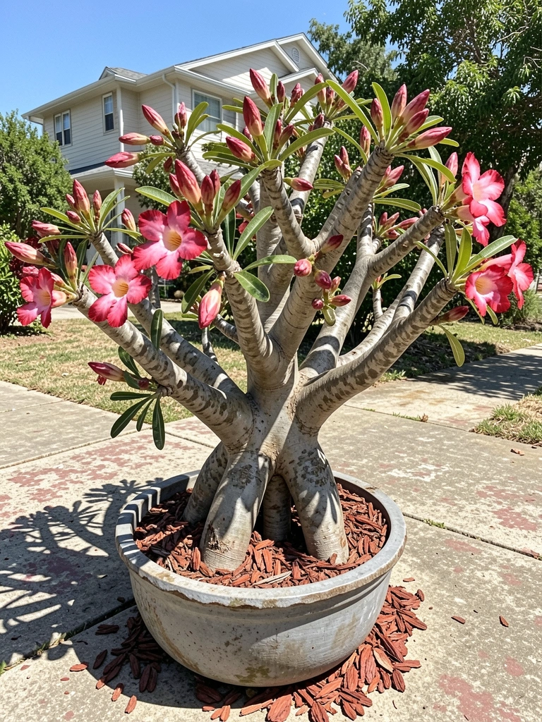 Botões fechados de flor do deserto sob sol pleno, com caules verdes e solo seco ao fundo.