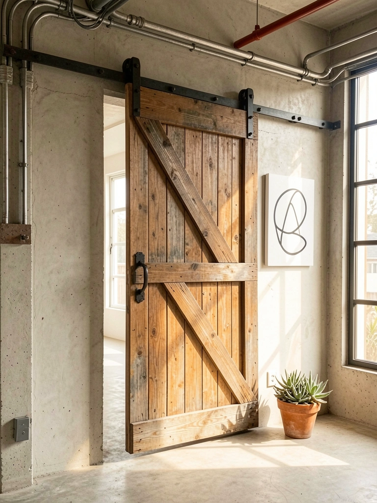 Porta de celeiro rústica de madeira parcialmente aberta, com ferragens escuras e trilho industrial, revelando sala com janelas amplas e parede de concreto.