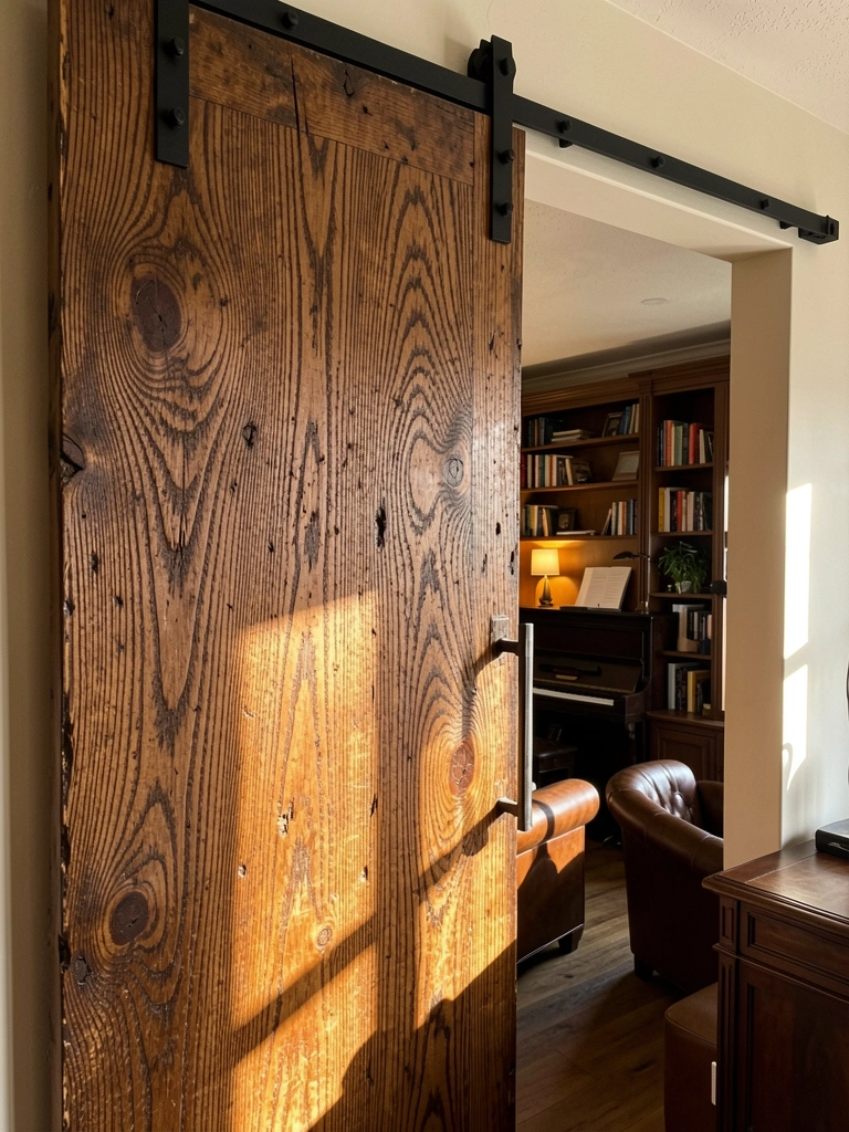 Porta de celeiro de madeira maciça com veios marcantes e ferragens pretas, parcialmente aberta para sala com estantes e piano, luz natural destacando a textura.