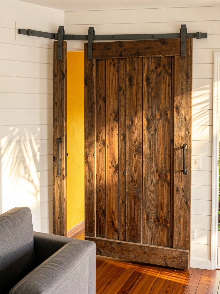 Porta de celeiro de madeira escura com veios e nós, trilho metálico escuro, parede de shiplap branca e parede amarela ao fundo, luz natural.