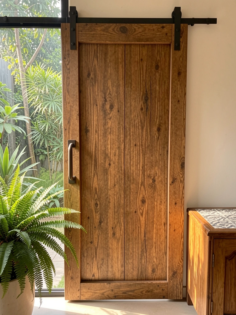 Porta de madeira rústica com puxador de metal escuro e textura de grãos visível, luz natural entrando por janela ampla com vista para área verde, samambaia em vaso à esquerda e aparador com tampo de azulejos à direita.