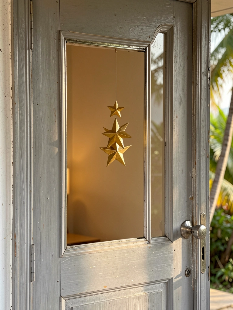 Porta de madeira cinzenta entreaberta com janela vertical revelando móbile de estrelas douradas e interior neutro, luz natural quente.