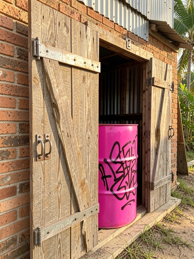 Close-up de porta de madeira desgastada com dobradiças de metal e barril rosa vibrante com grafite, contra parede de tijolos e fundo de metal corrugado, luz natural.