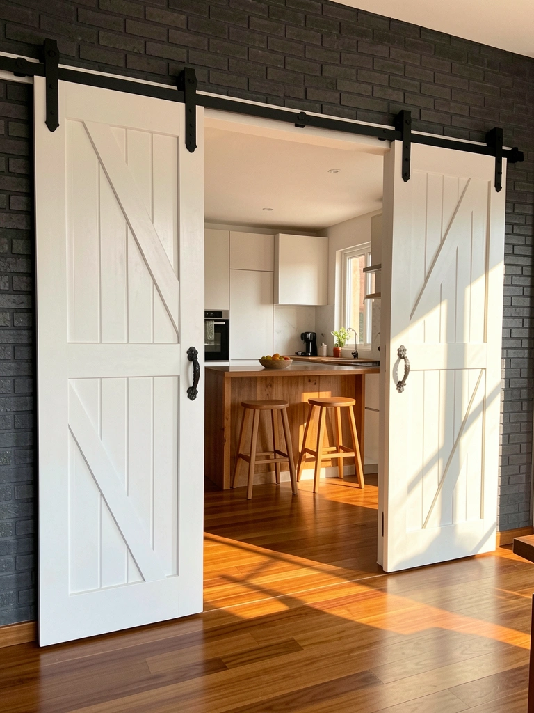 Portas de celeiro brancas com ferragens pretas abrindo para cozinha com ilha de madeira e banquetas, parede de tijolos escuros e luz natural.