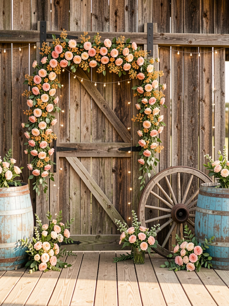 Porta de celeiro de madeira desgastada com guirlanda de rosas cor-de-rosa e laranjeiras, luz natural e rodas de madeira ao lado.