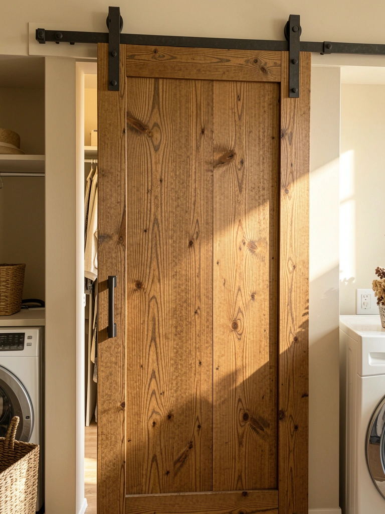 Luz natural destaca a textura da madeira de uma porta de celeiro de correr com trilho metálico escuro, entreaberta sobre máquina de lavar branca e cesto de vime.