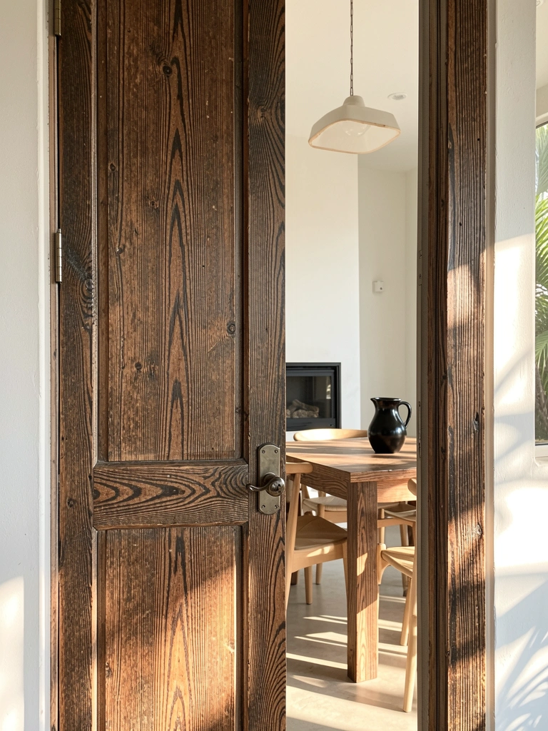 Porta rústica de madeira escura entreaberta revela sala de jantar com lareira moderna e jarro preto na mesa, luz natural do dia.