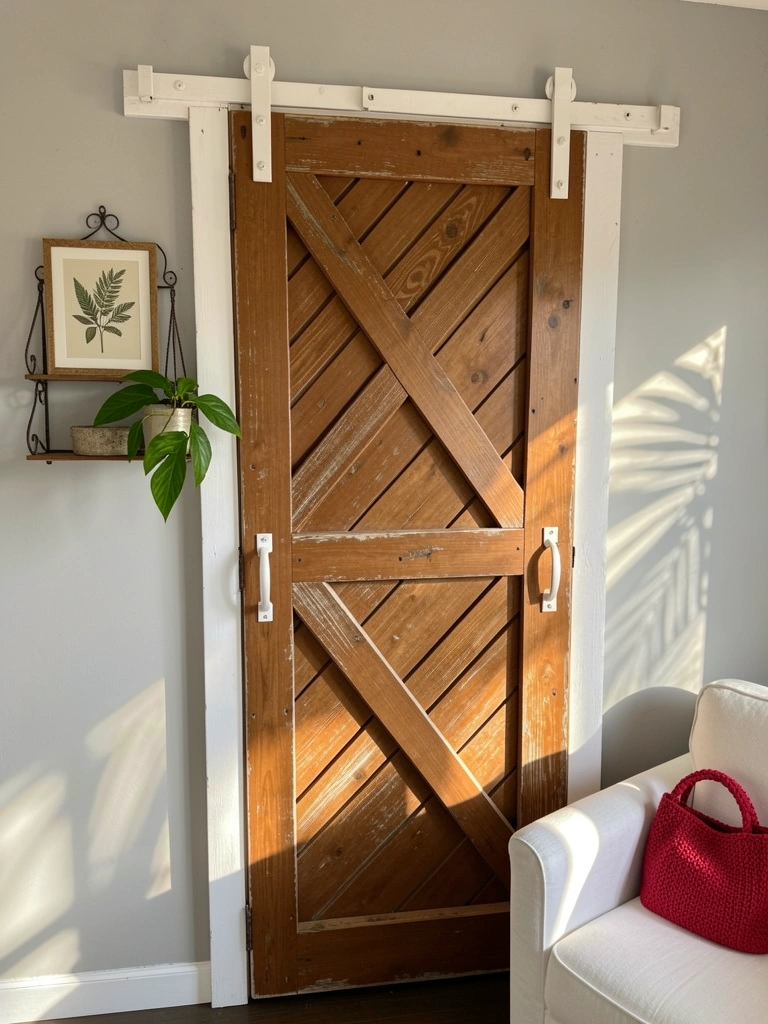Porta de celeiro de madeira rústica marrom com ripas diagonais, prateleira metálica com moldura botânica e vaso, poltrona branca com bolsa vermelha, luz natural.
