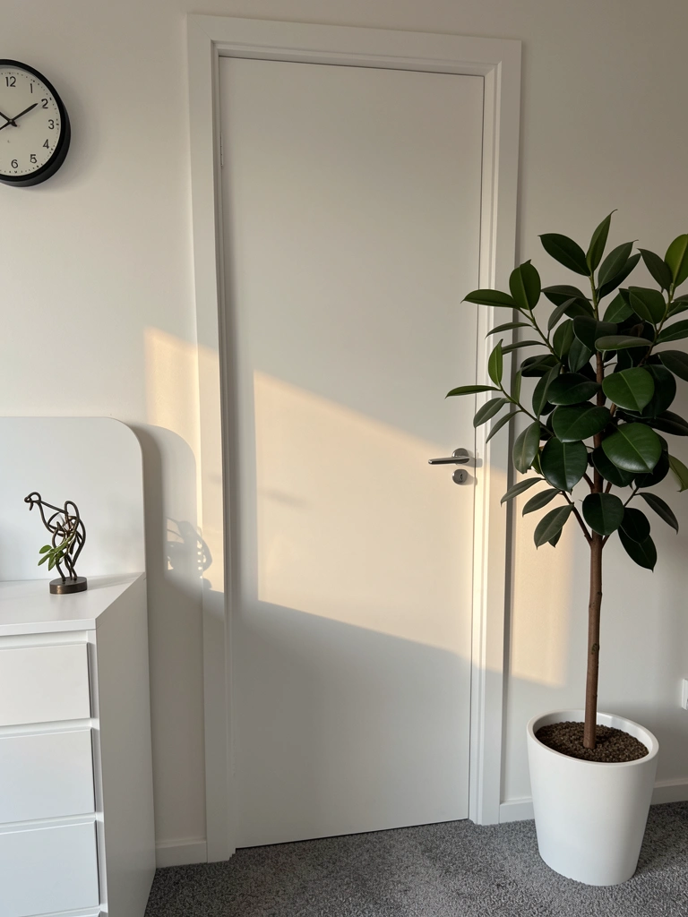 Porta de MDF branca como cabeceira, vaso de Ficus ao lado, escultura metálica sobre aparador, luz natural com sombras suaves.