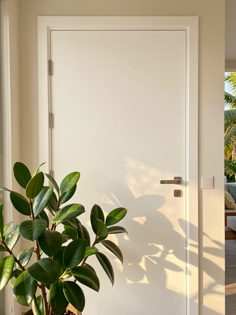 Porta branca lisa com reflexo de folhas de fícus, maçaneta minimalista e luz natural salpicada na superfície, parede clara ao fundo.