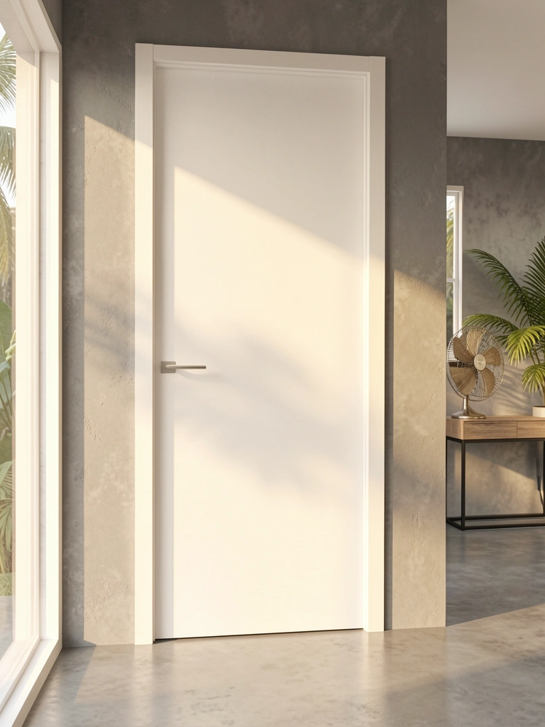 Porta branca de MDF com maçaneta minimalista em quarto com parede texturizada cinza e luz natural, mesa lateral e ventilador ao fundo.