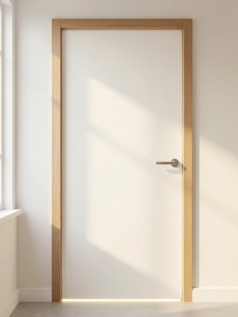 Porta branca de MDF com moldura de madeira natural, puxador metálico escovado e fita de luz embutida na base, iluminada por luz natural.