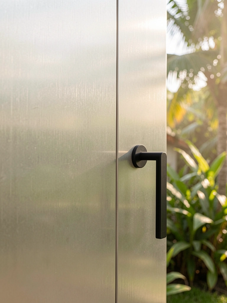 Porta de aço escovado com puxador preto minimalista, luz natural filtrada por folhagens tropicais ao fundo.