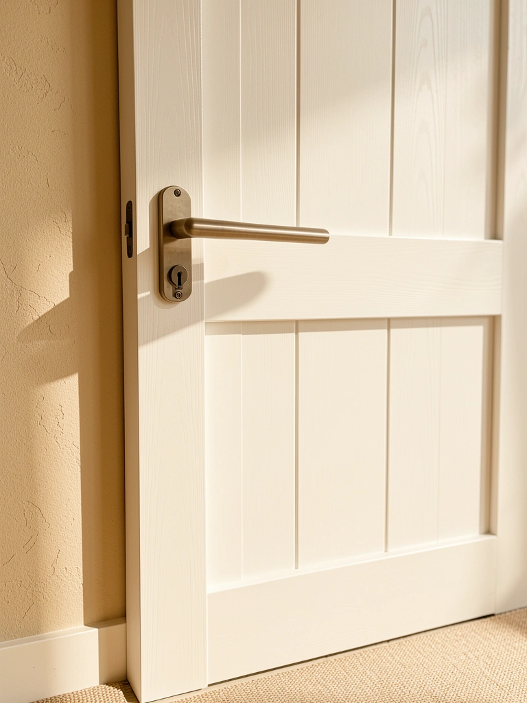 Maçaneta metálica e fechadura em porta de MDF branco estilo celeiro, parede bege texturizada e sombra suave, luz natural.