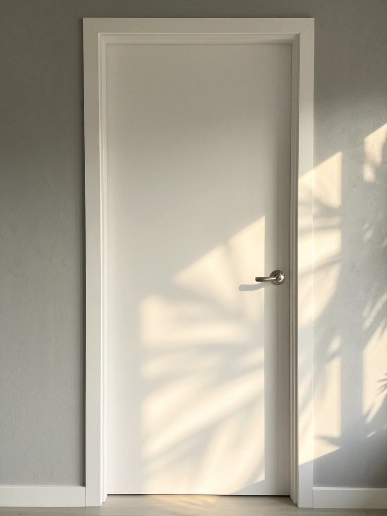 Porta branca lisa com puxador metálico e maçaneta redonda, contra parede cinza texturizada, sob luz natural suave.