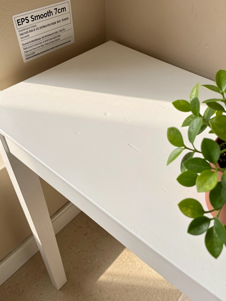 Porta branca de MDF como mesa com vaso de planta verde e luz natural, chão bege texturizado e parede bege com etiqueta de especificações.