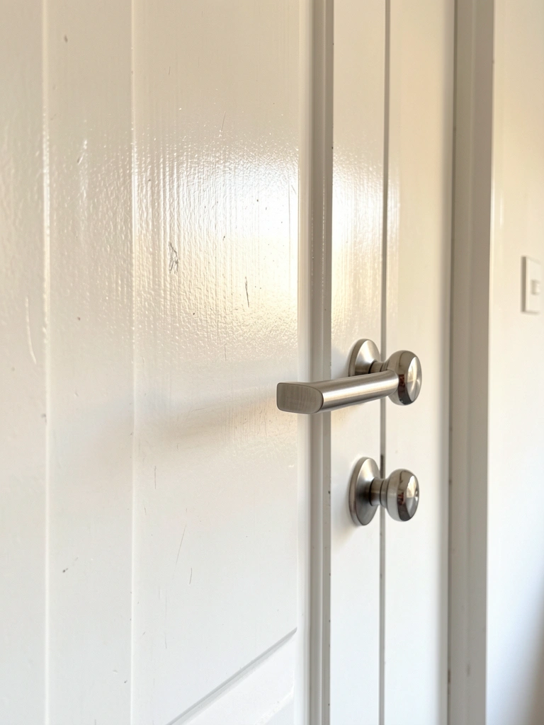 Maçanetas duplas de prata polida em porta branca com textura sutil, luz natural realçando o brilho do metal.