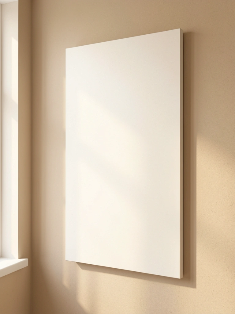 Painel MDF branco fosco de 0,80m x 2,10m montado verticalmente em parede bege neutra, luz natural difusa de janela destaca textura lisa.