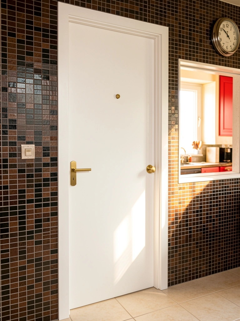 Porta branca de MDF com puxador dourado em banheiro com parede de mosaico marrom e preto, luz natural da janela ao fundo.