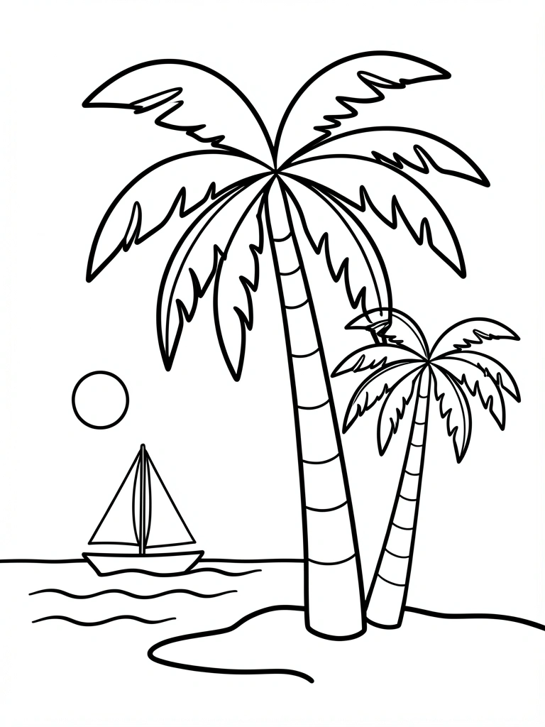 Crianças sorridentes colorindo um desenho de praia com coqueiros e sol